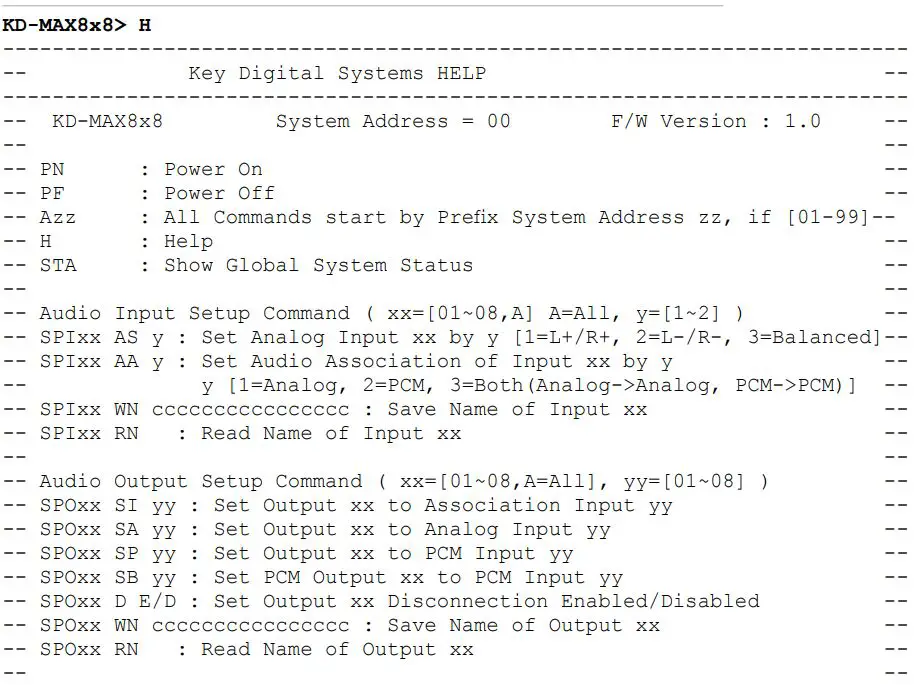 Key digital KD-MAX8x8 Audio Matrix Switcher with built-in Audio DSP Instruction Manual - Response from Help command