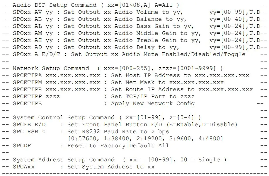 Key digital KD-MAX8x8 Audio Matrix Switcher with built-in Audio DSP Instruction Manual - Response from Help command