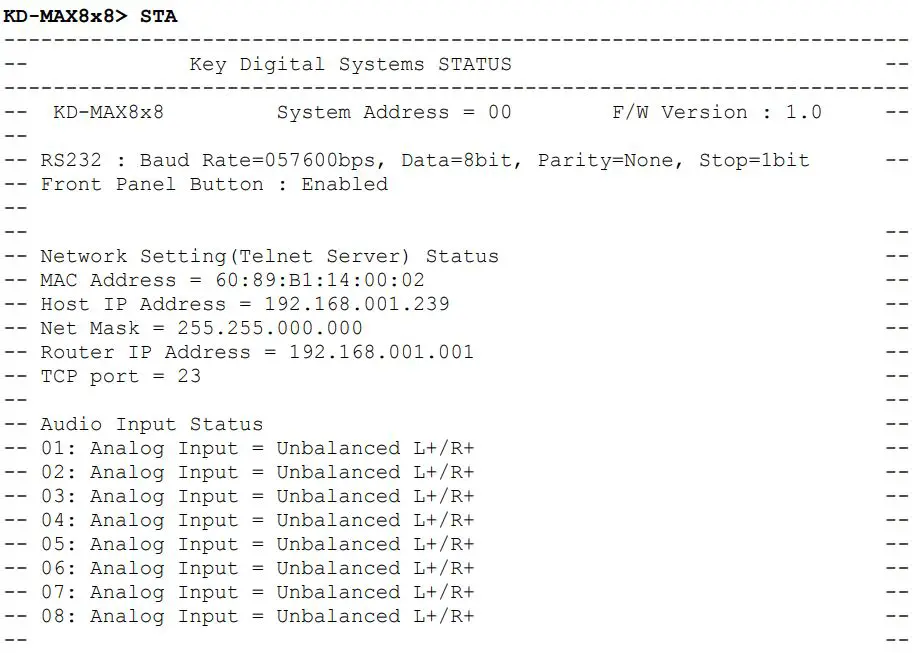 Key digital KD-MAX8x8 Audio Matrix Switcher with built-in Audio DSP Instruction Manual - Status Command