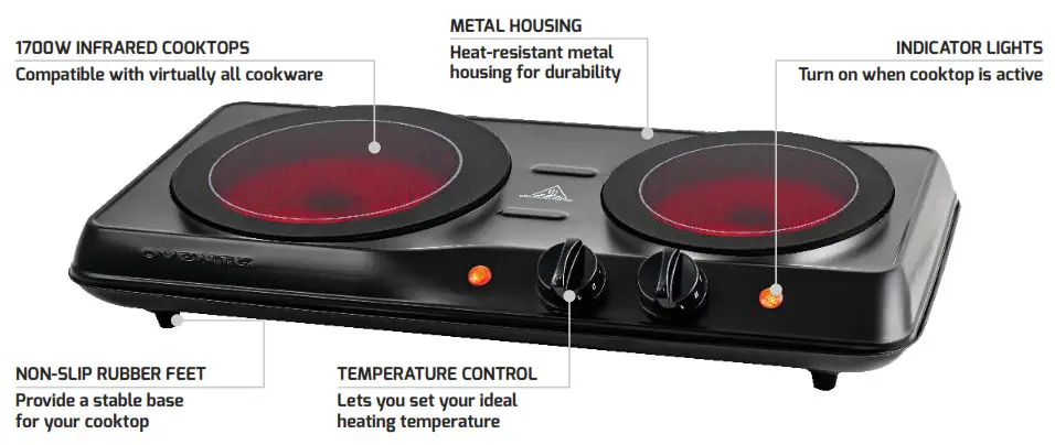 OVENTE BGI102 Series BGI102S Infrared Ceramic Electric Cooktop with Dual Burners - parts and features