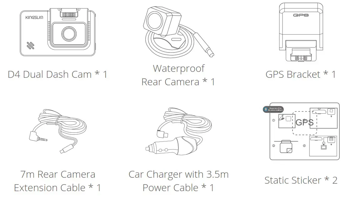 KINGSLIM D4 4K Dual Dash Cam with Bilt in WiFi GPS - WHAT'S IN THE BOX