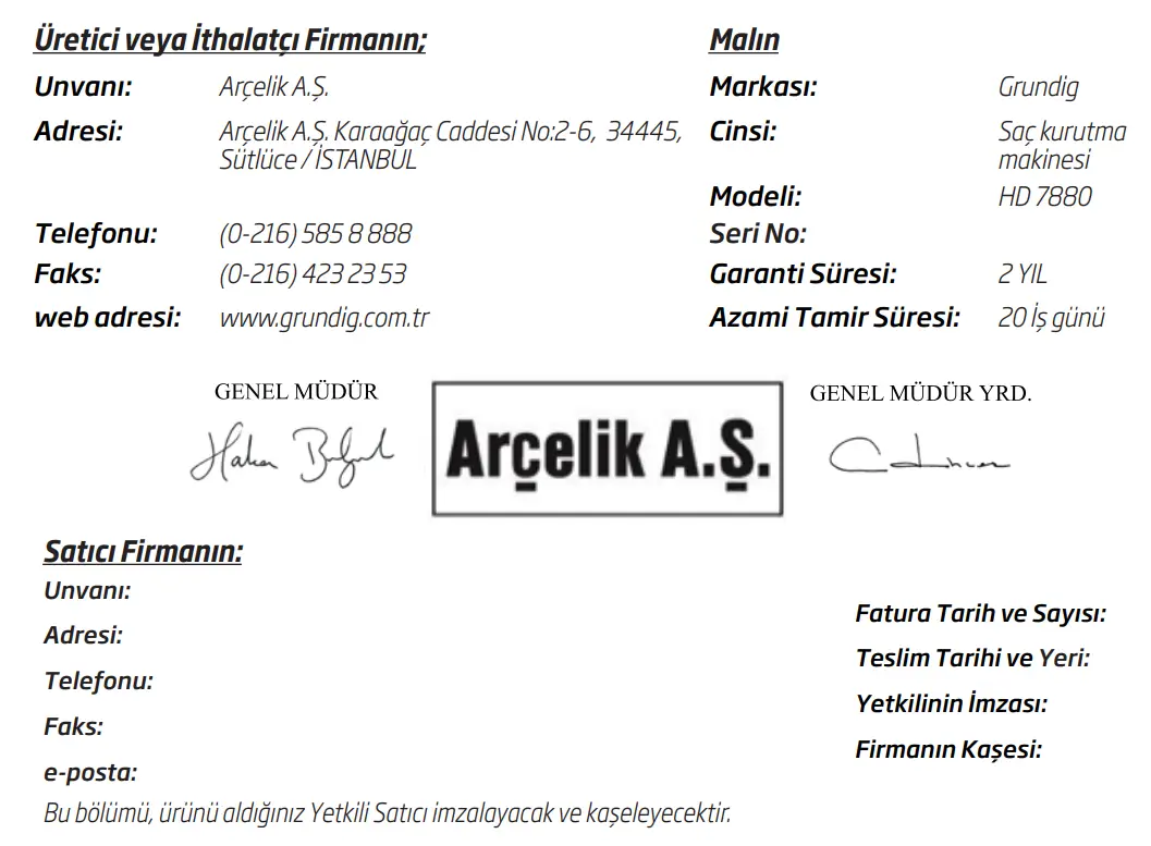 GRUNDIG HD 7880 Ionic Touch Control Hair Dryer User Manual - Address