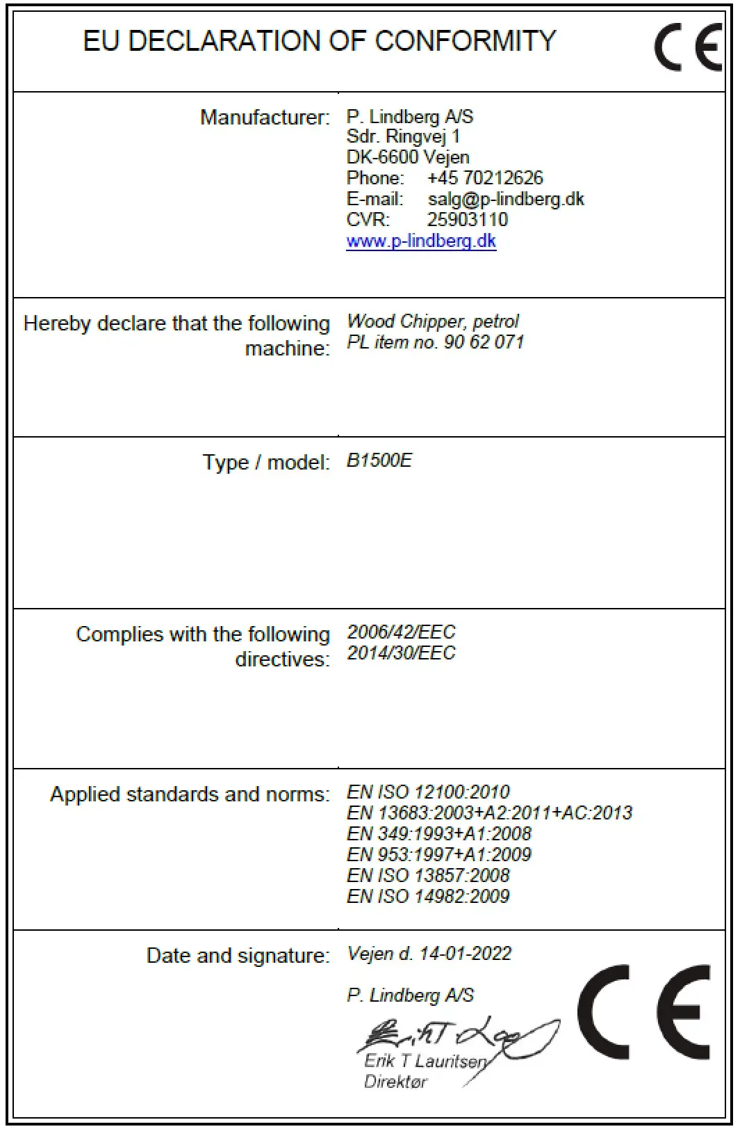 P-Lindberg 9062071 Wood Chipper - EU Declaration of Conformity