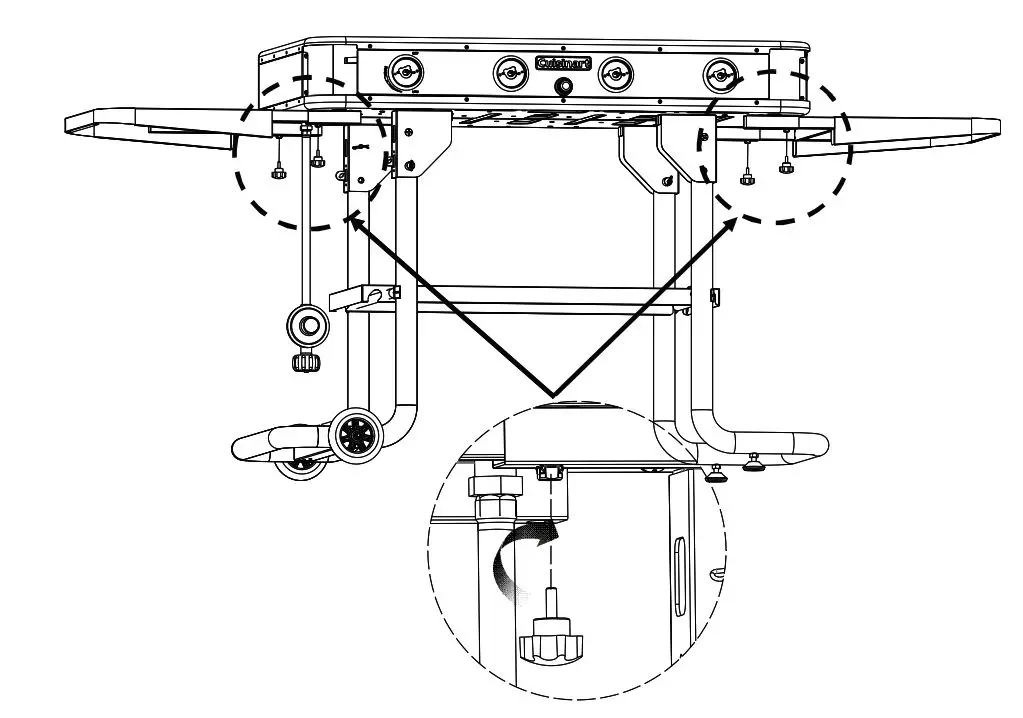 Cuisinart 36″ Four Burner Gas Griddle CGG-0036 User Manual - Slide the side table assemblies into the corresponding slots on the left and right side of the griddle