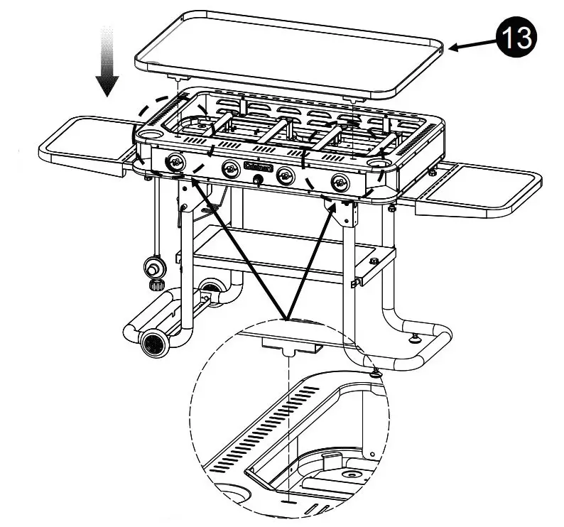 Cuisinart 36″ Four Burner Gas Griddle CGG-0036 User Manual - Place the griddle plate on the firebox - line up the holes on the front of the griddle plate with the holes on the front of the fire box