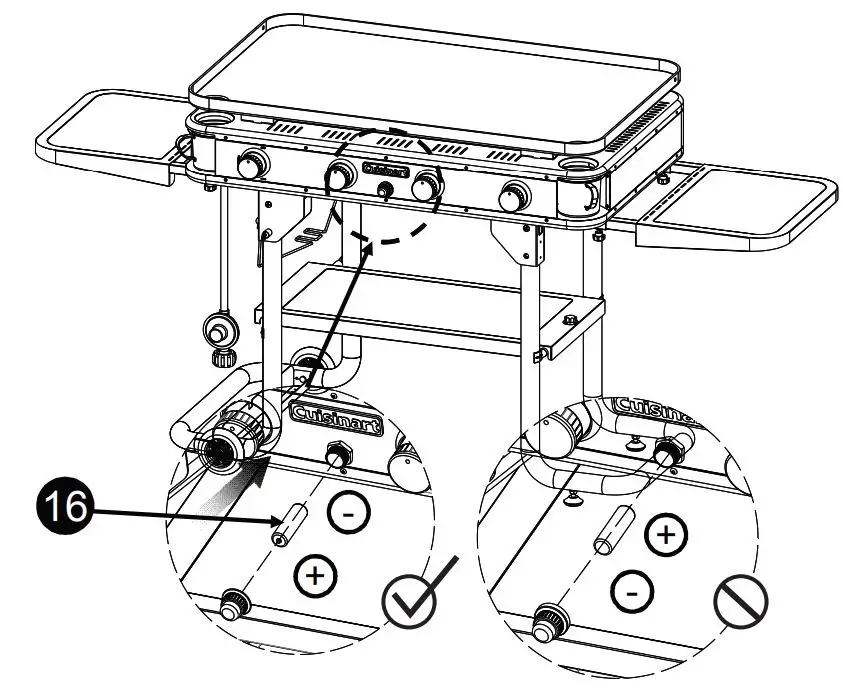 Cuisinart 36″ Four Burner Gas Griddle CGG-0036 User Manual - Unscrew the starter button from the control panel and insert the included battery with negative side going in first