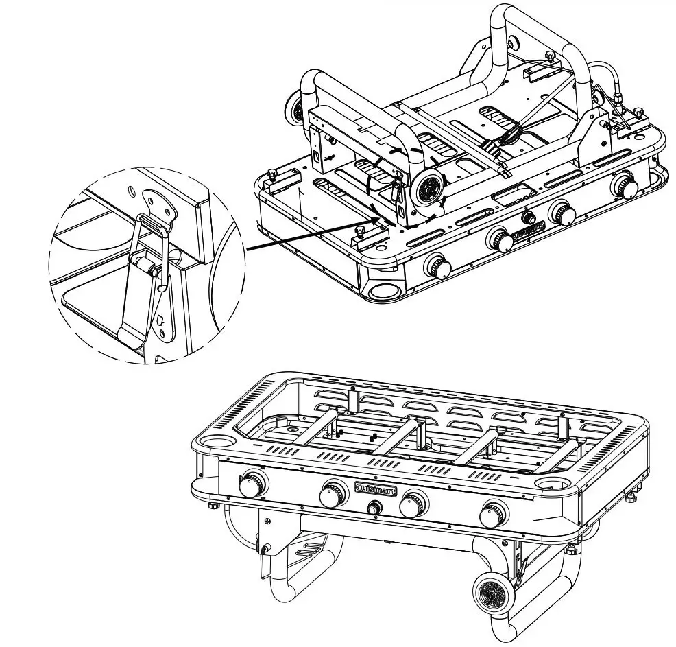 Cuisinart 36″ Four Burner Gas Griddle CGG-0036 User Manual - Secure the legs shut by using the latch on the right front cart leg fixing bracket with the hook on the bottom of the left leg assembly