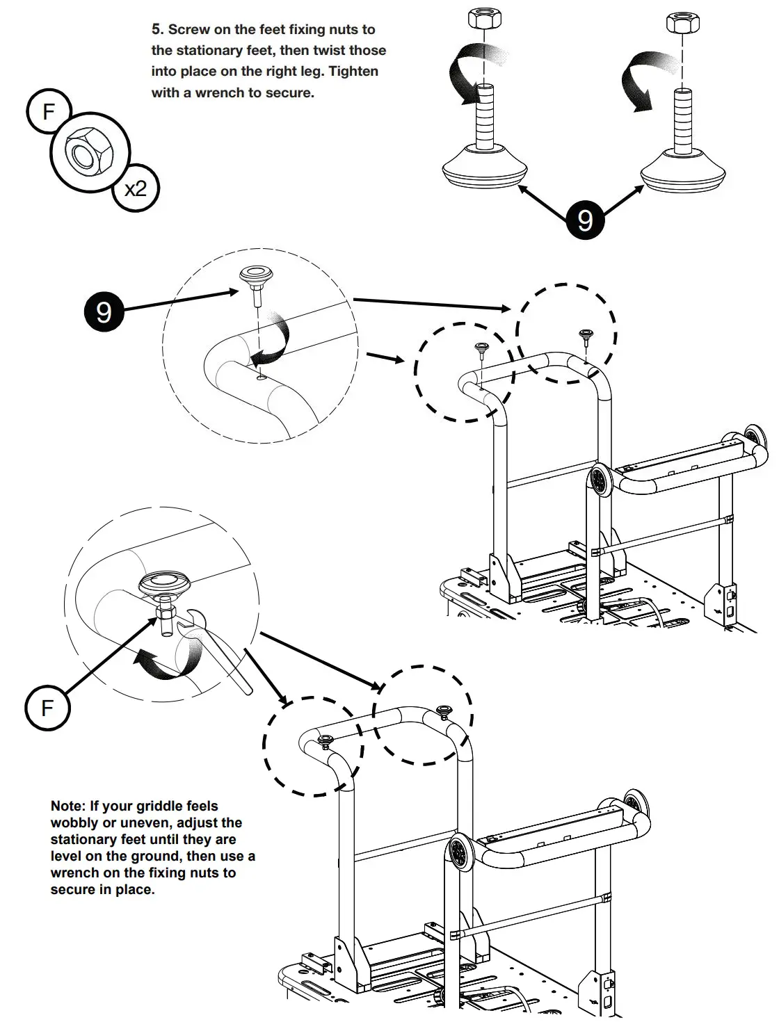 Cuisinart 36″ Four Burner Gas Griddle CGG-0036 User Manual - Screw on the feet fixing nuts to the stationary feet, then twist those into place on the right leg