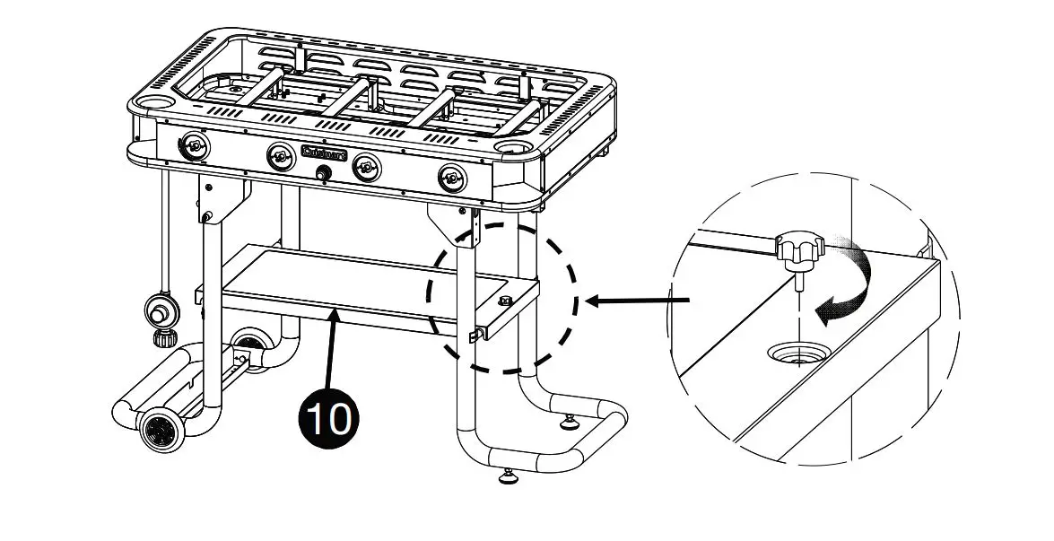 Cuisinart 36″ Four Burner Gas Griddle CGG-0036 User Manual - Install the cart bottom panel by lining up the notches with the left side of the griddle first, and then let the right side fall in place. Use the handle screw to secure the shelf