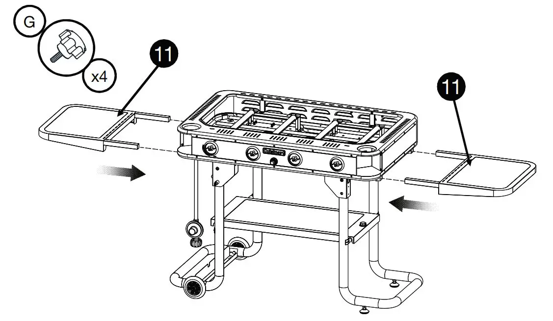 Cuisinart 36″ Four Burner Gas Griddle CGG-0036 User Manual - Slide the side table assemblies into the corresponding slots on the left and right side of the griddle