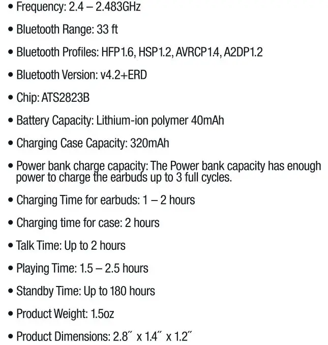 ROCKVILLE TruRock Wireless Earbuds - Specifications