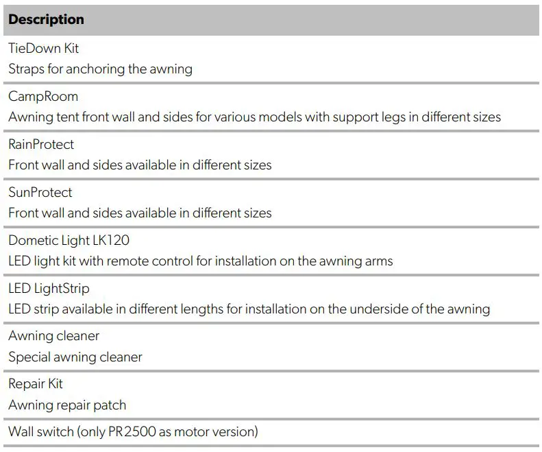DOMETIC PR2000 Awnings PerfectRoof User Manual - Accessories