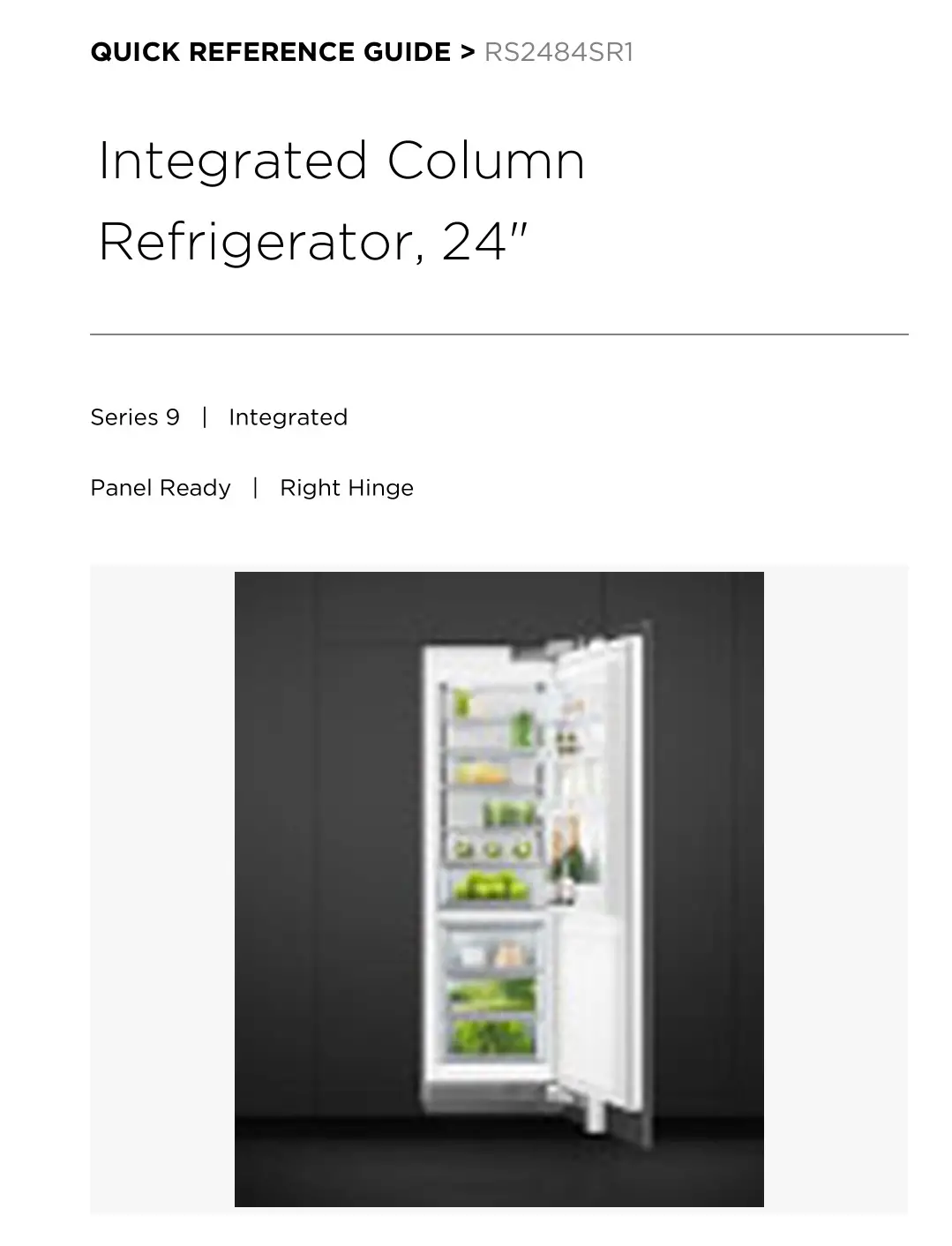 FISHER PAYKEL RS2484SR1 Integrated Column Refrigerator User Guide