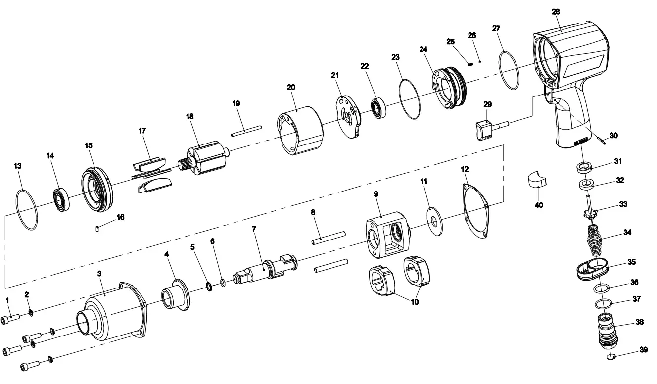 Earthquake EQ12A 1 2 Inch Aluminum Air Impact Wrench - Assembly Diagram