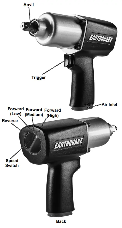 Earthquake EQ12A 1 2 Inch Aluminum Air Impact Wrench - Components and Controls