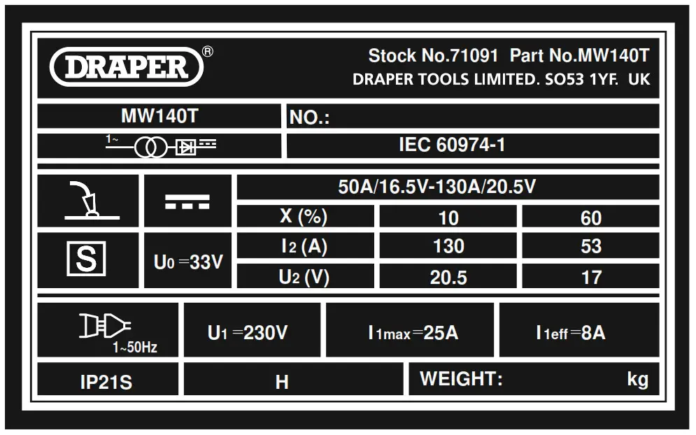 DRAPER 71091 230V Gas and Gasless Mig Welders - SAFETY INFORMATION
