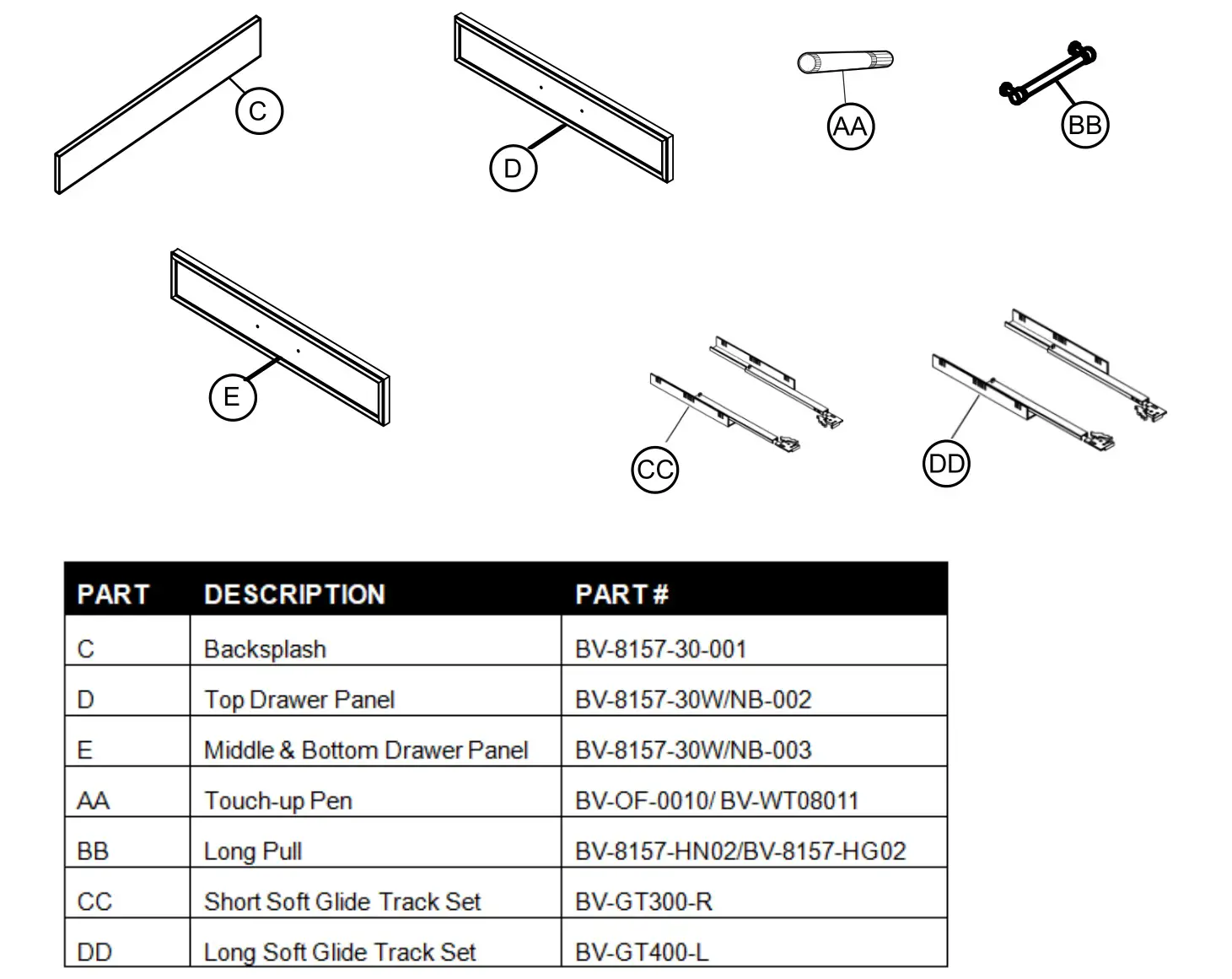 allen roth 261205,261062 VANITY WITH TOP - REPLACEMENT PARTS LIST