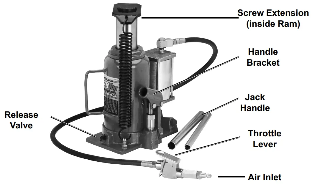 PITTSBURGH AUTOMOTIVE 95553 20 Ton Capacity Air or Hydraulic Bottle Jack - controls