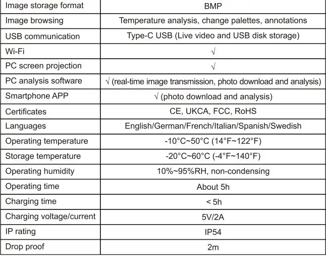 UNI-T UTi740H Professional Thermal Imager User Manual - Technical Specifications