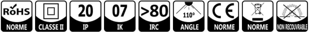 norme, classe 2,ip,ik,irc,angle,non recouvrable logo