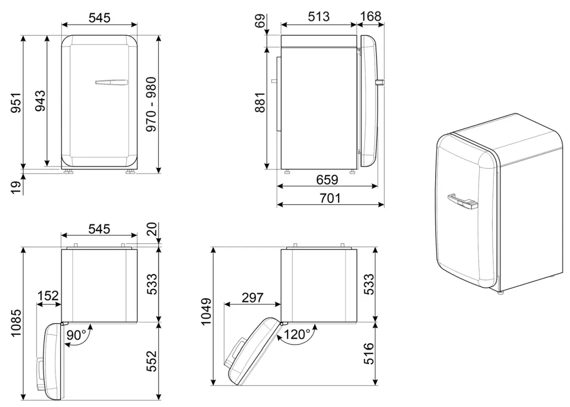 smeg FAB10LBL5 55cm Retro Left Hand Hinge Refrigerator - 1