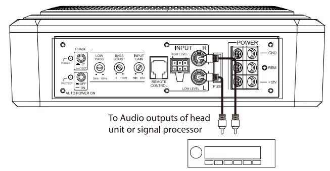 PYLE Lanzar SBA8A 8 Inch 600W Low Profile Active Amplified Car Audio Subwoofer System User Manual - Low Level Input Wiring