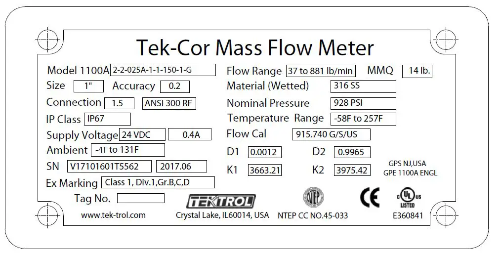 TEKTROL 1100A Tek-Cor Corilis Mass Flowmeter-11