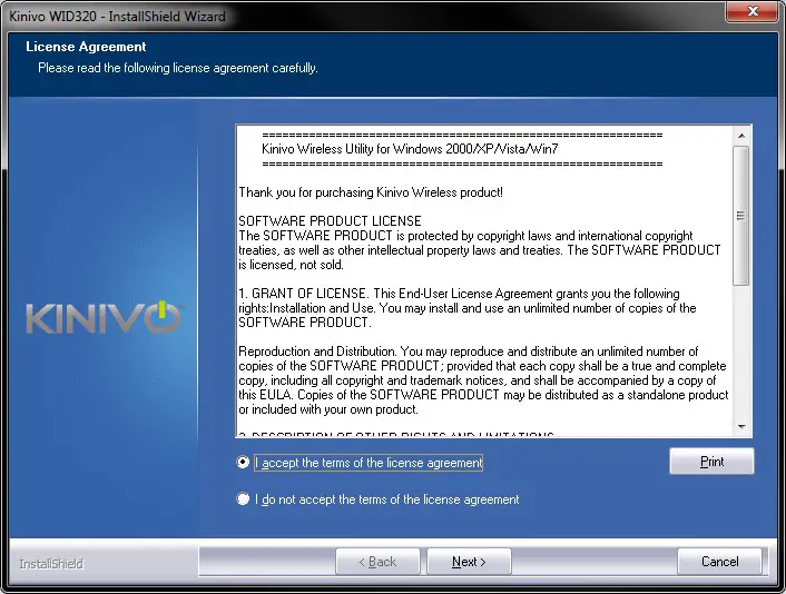 KINIVO WID320 Wireless N USB Adapter- Accept the agreement