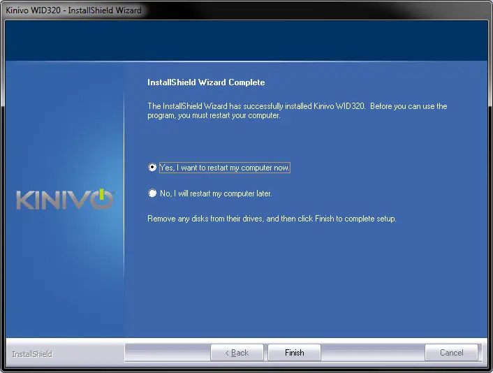 KINIVO WID320 Wireless N USB Adapter- restart my computer now