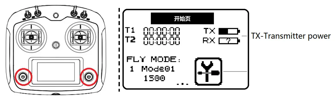 FLY WING FW450 Helicopter- Power on transmitter
