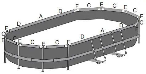 Bestway Power Steel Oval Pools User Manual - The installation drawing for the Top Rail and the T-Connector of 16 ft. x 10 ft. x 42 in. (4.88 m x 3.05 m x 1.07 m).