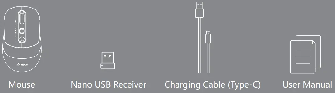 A4TECH FB10CS Dual Mode Rechargeable Bluetooth Wireless Mouse - WHAT'S IN THE BOX