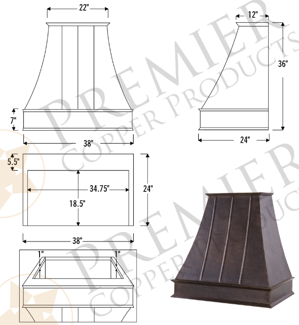 PREMIER COPPER PRODUCTS HV EURO38 C2036BP1 TWSB 38-Inch 735 CFM Wall Mount Range Hood