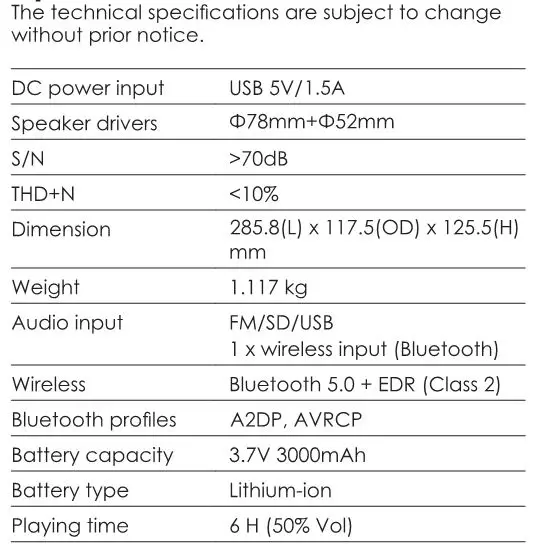 BOSS AUDIO SYSTEM TUBE - Specifications