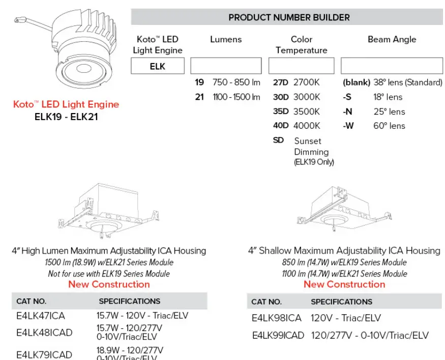 Lighting ELK415H 4 Inch Pex Round Trimless Adjustable Smooth Reflector Trim Kato™ Architectural LED Light Engine & 4" Architectural ICA Housings