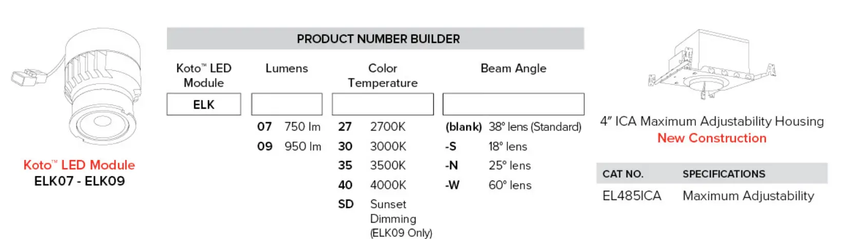 Lighting ELK415H 4 Inch Pex Round Trimless Adjustable Smooth Reflector Trim Kato™ LED Module & 4" Dedicated LED ICA Housing