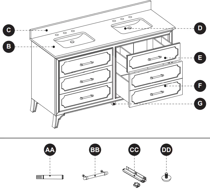 allen roth 60-in Vanity with Top 1605VA-60-201-925 -REPLACEMENT PARTS LIST
