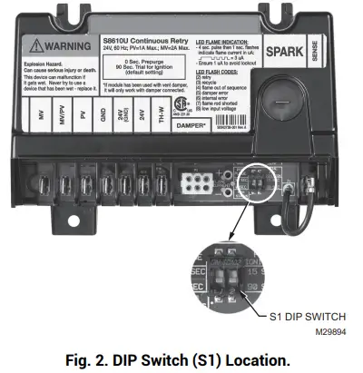 resideo S8610U Universal Intermittent Pilot Gas Ignition Control-DIP Switch (S1) Settings