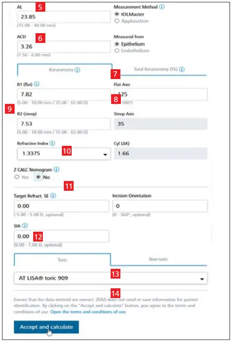 ZEISS Z CALC 2 2 Toric and Non Toric IOL Calculation and Ordering - Calculation Scree