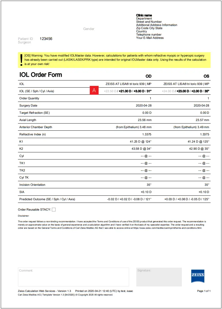 ZEISS Z CALC 2 2 Toric and Non Toric IOL Calculation and Ordering - PDF printouts 3