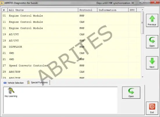ABRITES Vehicle Diagnostics Interface For Suzuki - Special function key learning
