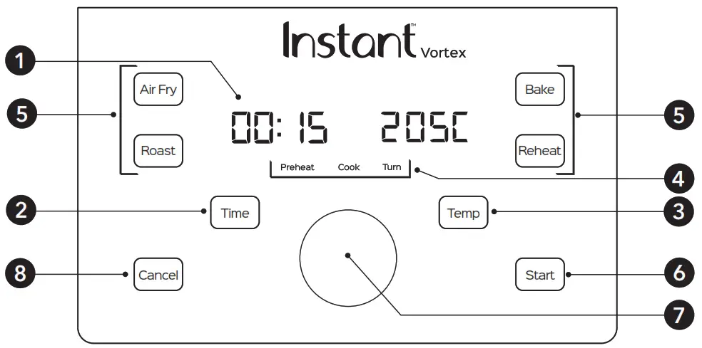 Instant Vortex 3 8 and 5 7 Litres 4 In 1 Air Fryers - Control panel