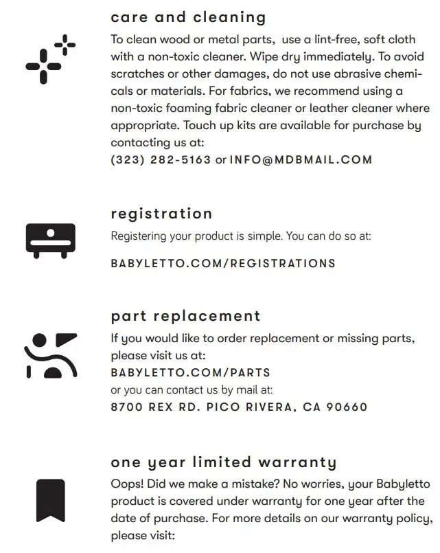 babyletto M4216 Hudson 6-Drawer Assembled Double Dresser User Manual - care and cleaning