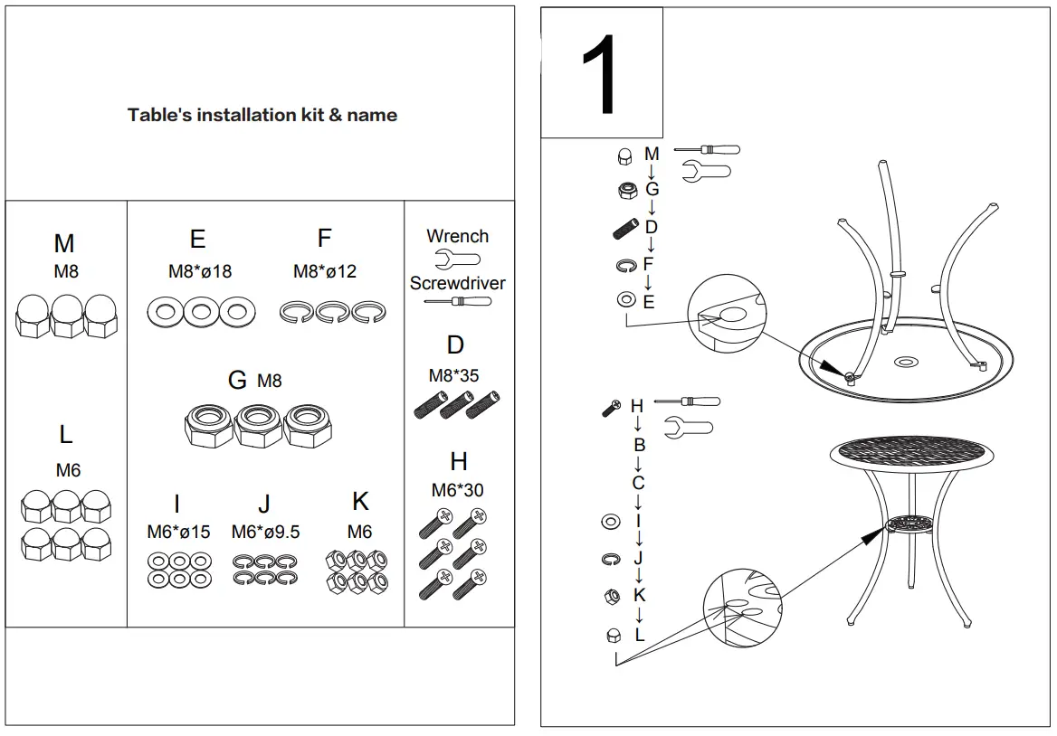 NUU GARDEN SCD004-01 3PCS Cast Aluminum Bistro Set - Table's installation kit