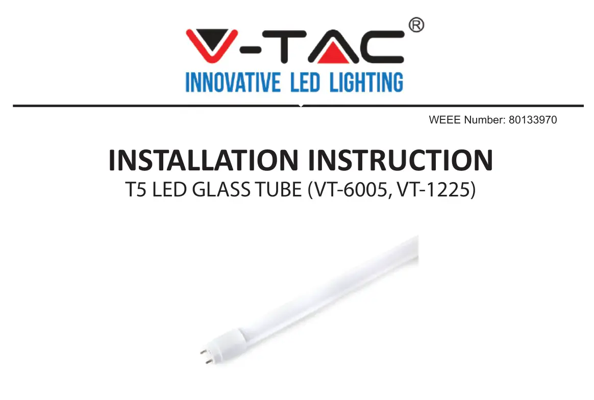 V-TAC VT-6005 8W T5 LED Tube Installation Guide