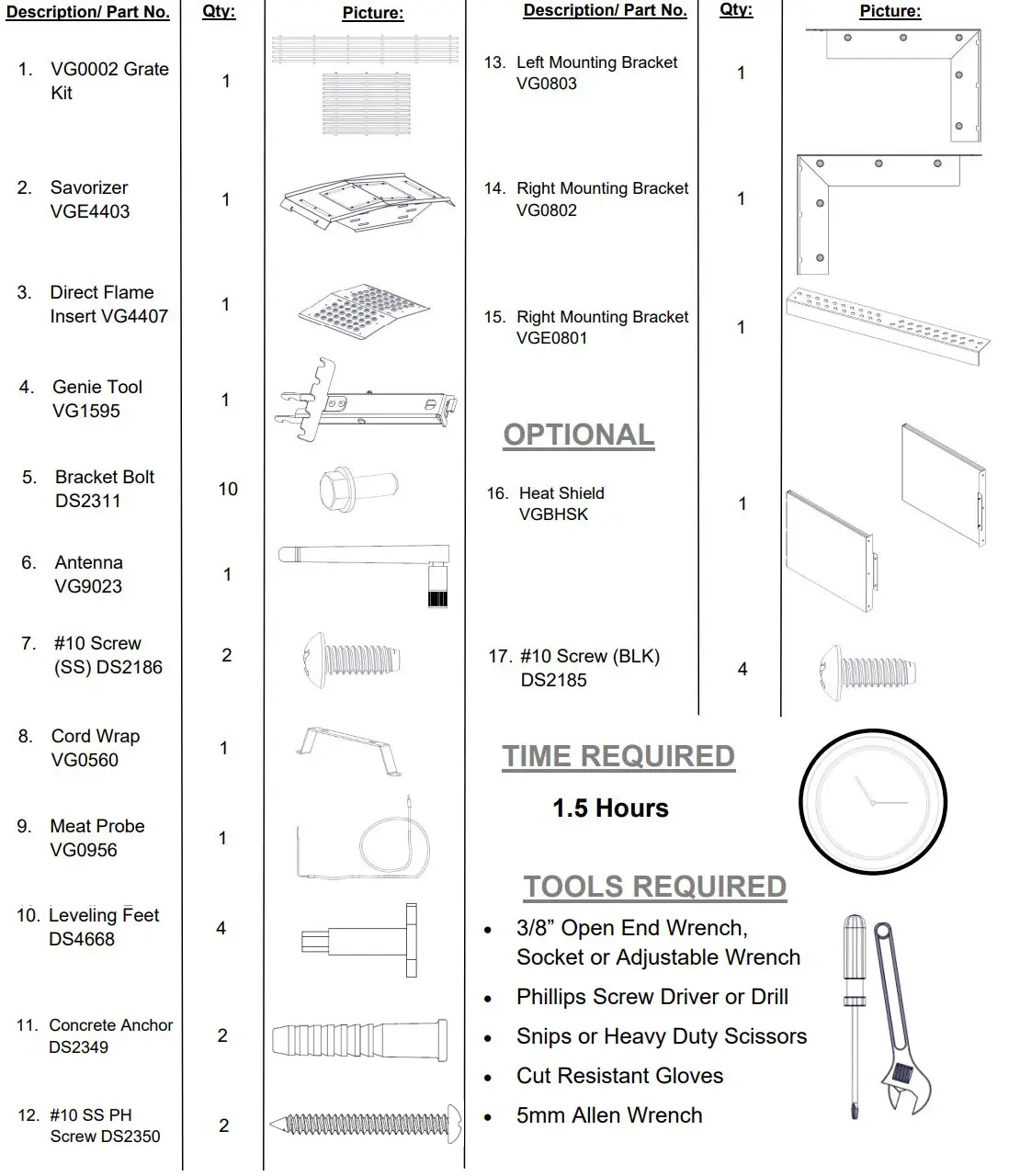 MEMPHIS VGB0002S 39-Inch Stainless Steel Built-In Grill Instruction Manual - Hardware Components
