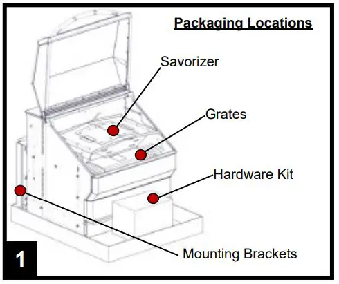 MEMPHIS VGB0002S 39-Inch Stainless Steel Built-In Grill Instruction Manual - Remove the Savorizer (item 2) and included grates (item 1) from inside the grill hood