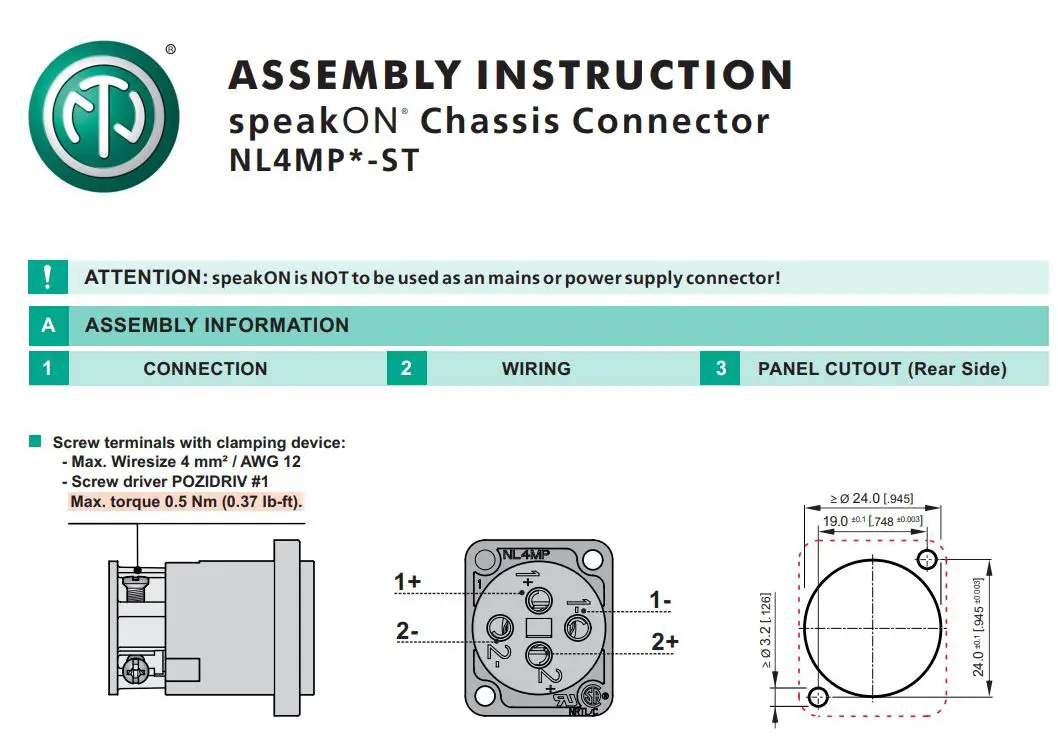 NEUTRIK NL4MP-ST SpeakON Chassis Connector Installation Guide