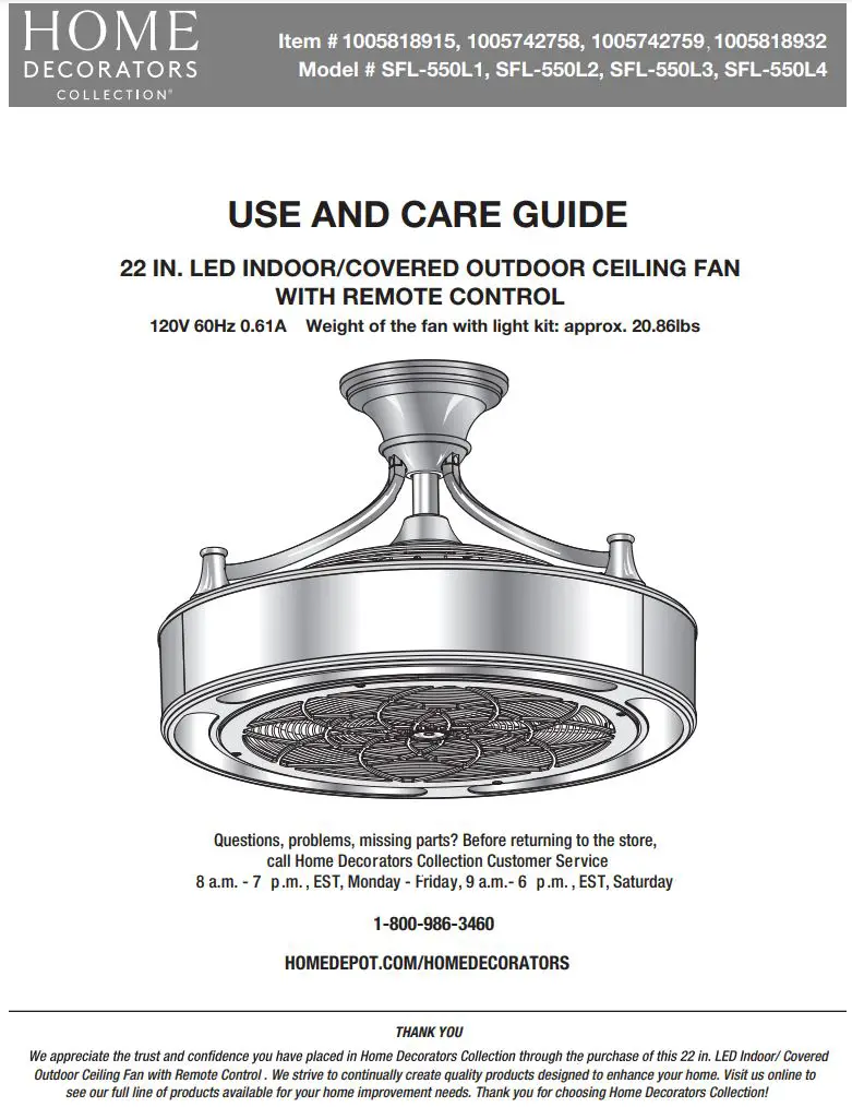 HOME DECORATORS COLLECTION SFL-550L1 Windara 22-Inch LED Indoor Covered Outdoor Brushed Nickel Ceiling Fan User Guide