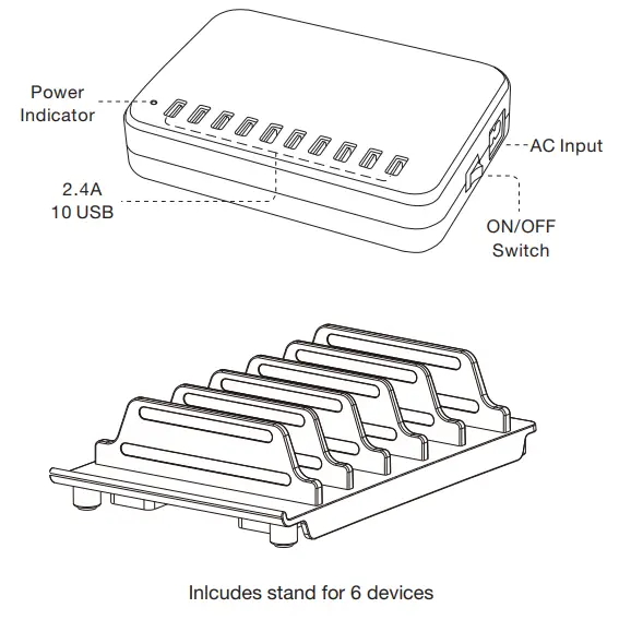 comsol DCS1024 120W 10 Port USB Charging Station - Product Diagram